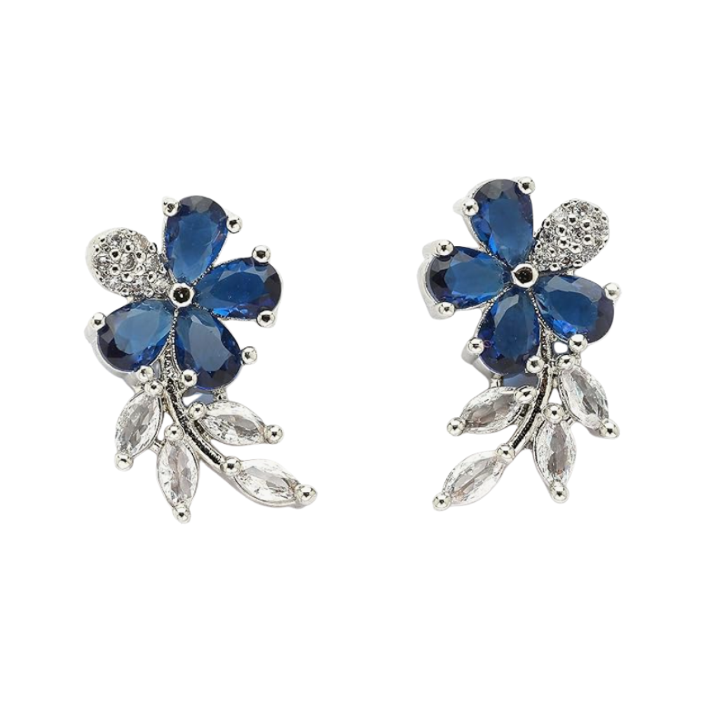 Zeneme Rhodium Plated Silver Toned Floral Shaped American Diamond Studded Stud Earrings For Women & Girls