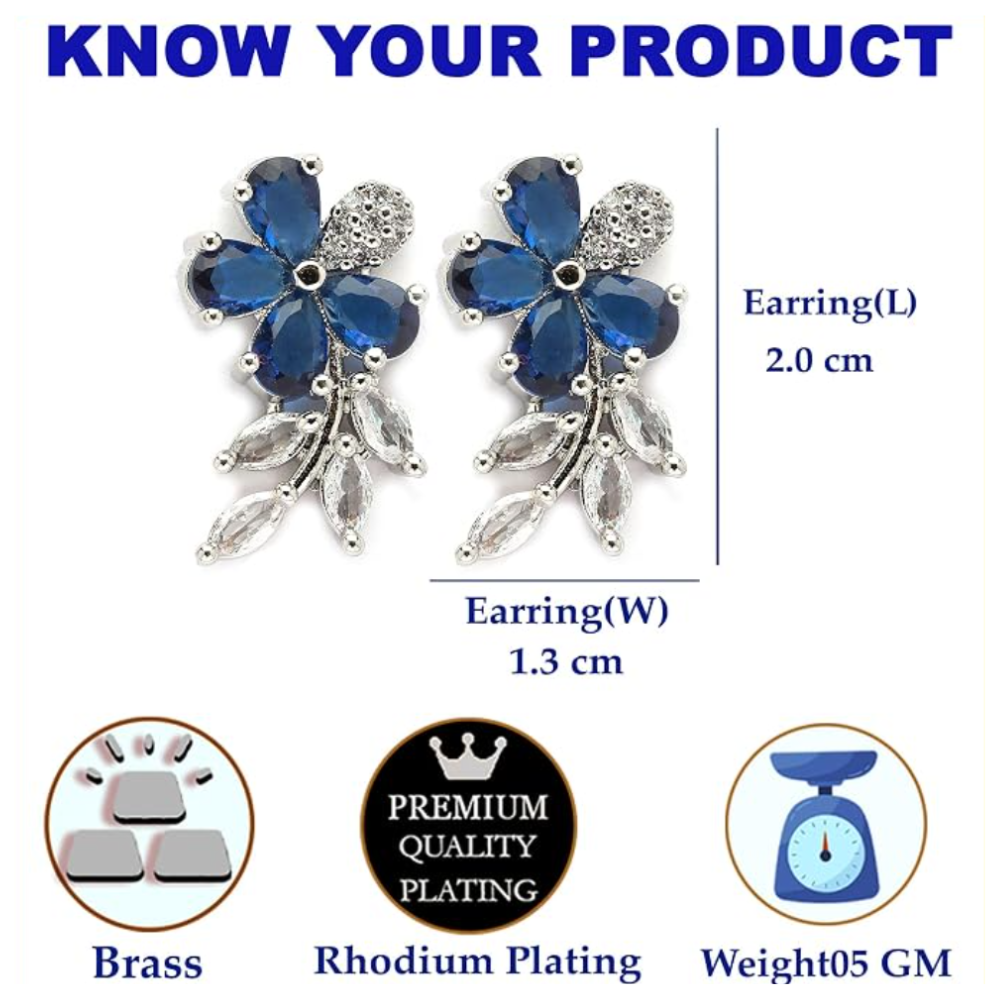 Zeneme Rhodium Plated Silver Toned Floral Shaped American Diamond Studded Stud Earrings For Women & Girls