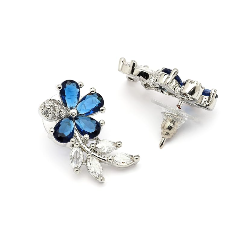 Zeneme Rhodium Plated Silver Toned Floral Shaped American Diamond Studded Stud Earrings For Women & Girls